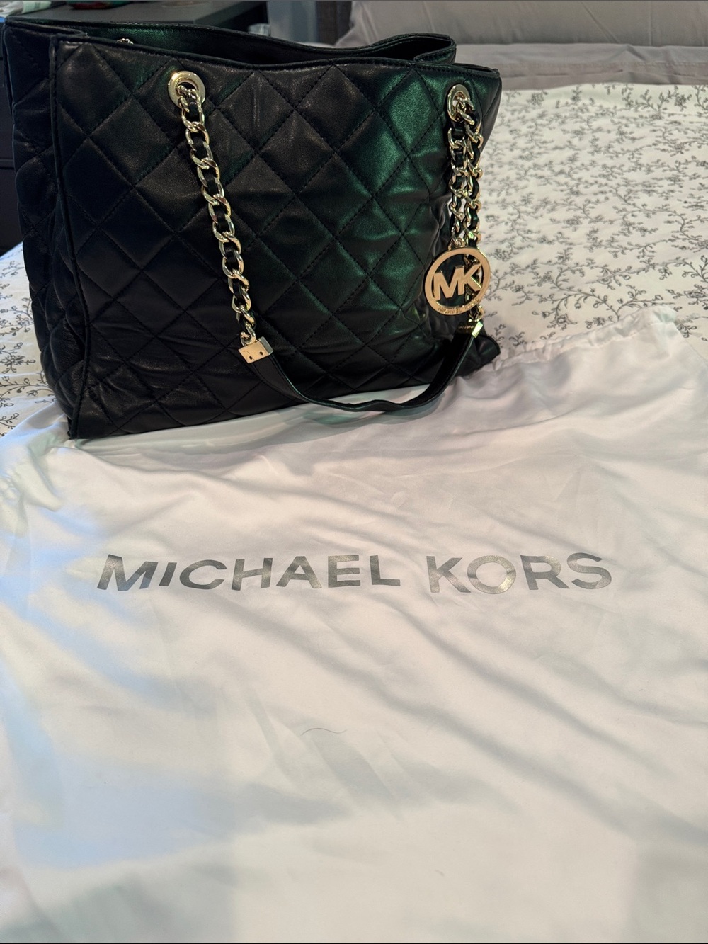 Michael Kors Black Quilted Tote with Gold Chain Detail